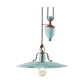 Rusztikus, vidéki stílusú, állítható magasságú, antikolt felületű mázas kerámiából és fémből készült, textilburkolatú vezetékkel kialakított, kézműves függeszték lámpa